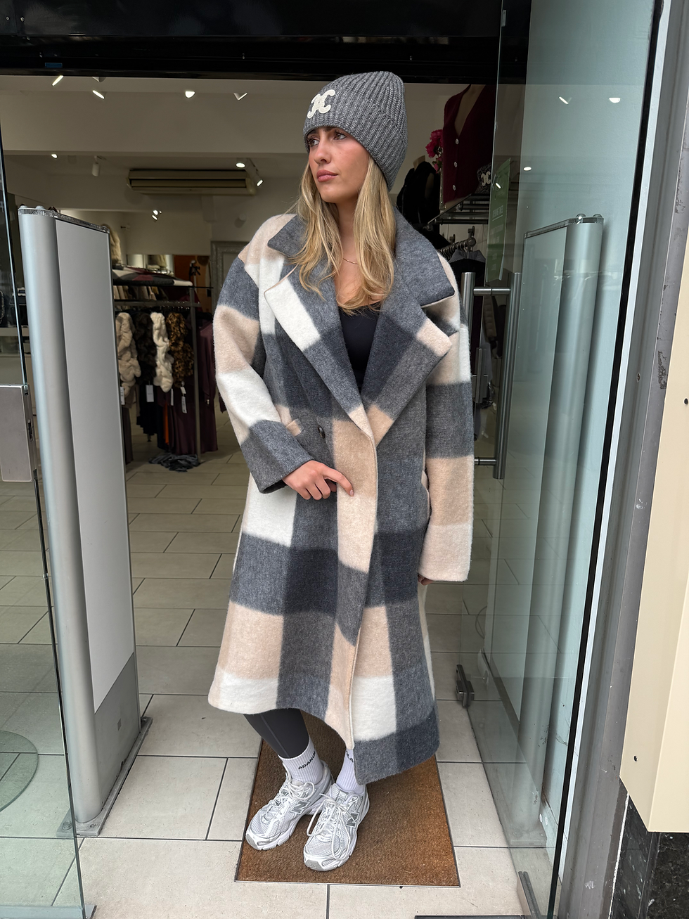 Check Double Breasted Wool Blend Coat - Grey