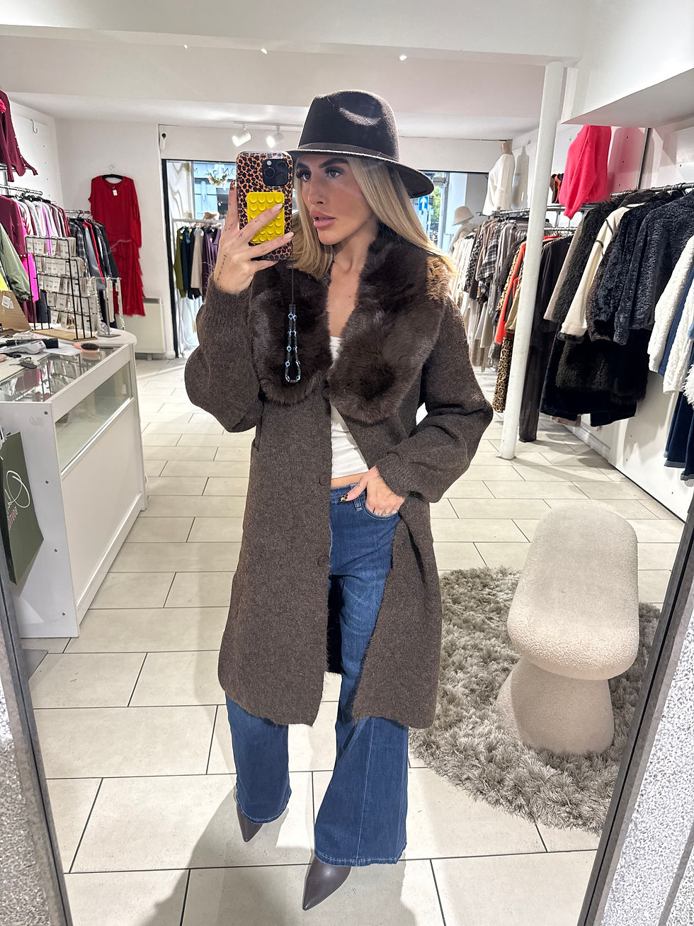 Thumbnail: Aspen Faux Fur Collar Long Line Knit Cardigan - Chocolate 