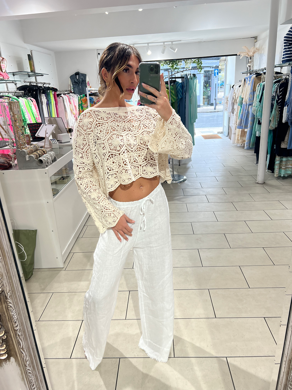 Crochet Long Sleeve Crop Top - Beige