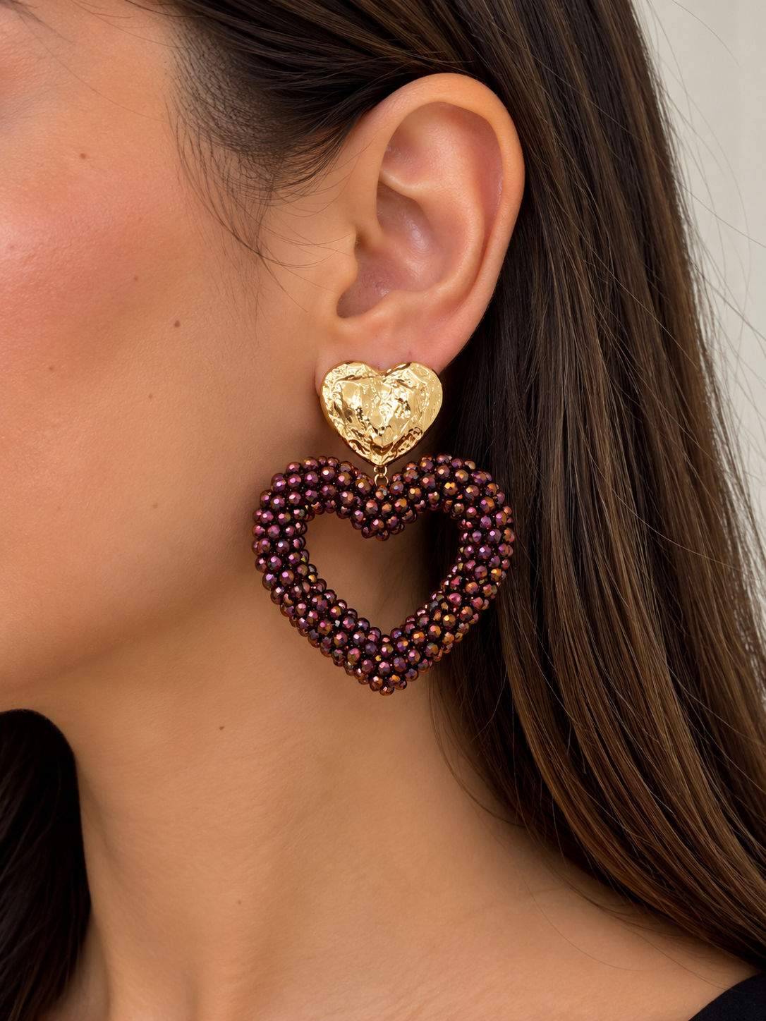 Envy Bordeaux Heart Gold Pendant Earring
