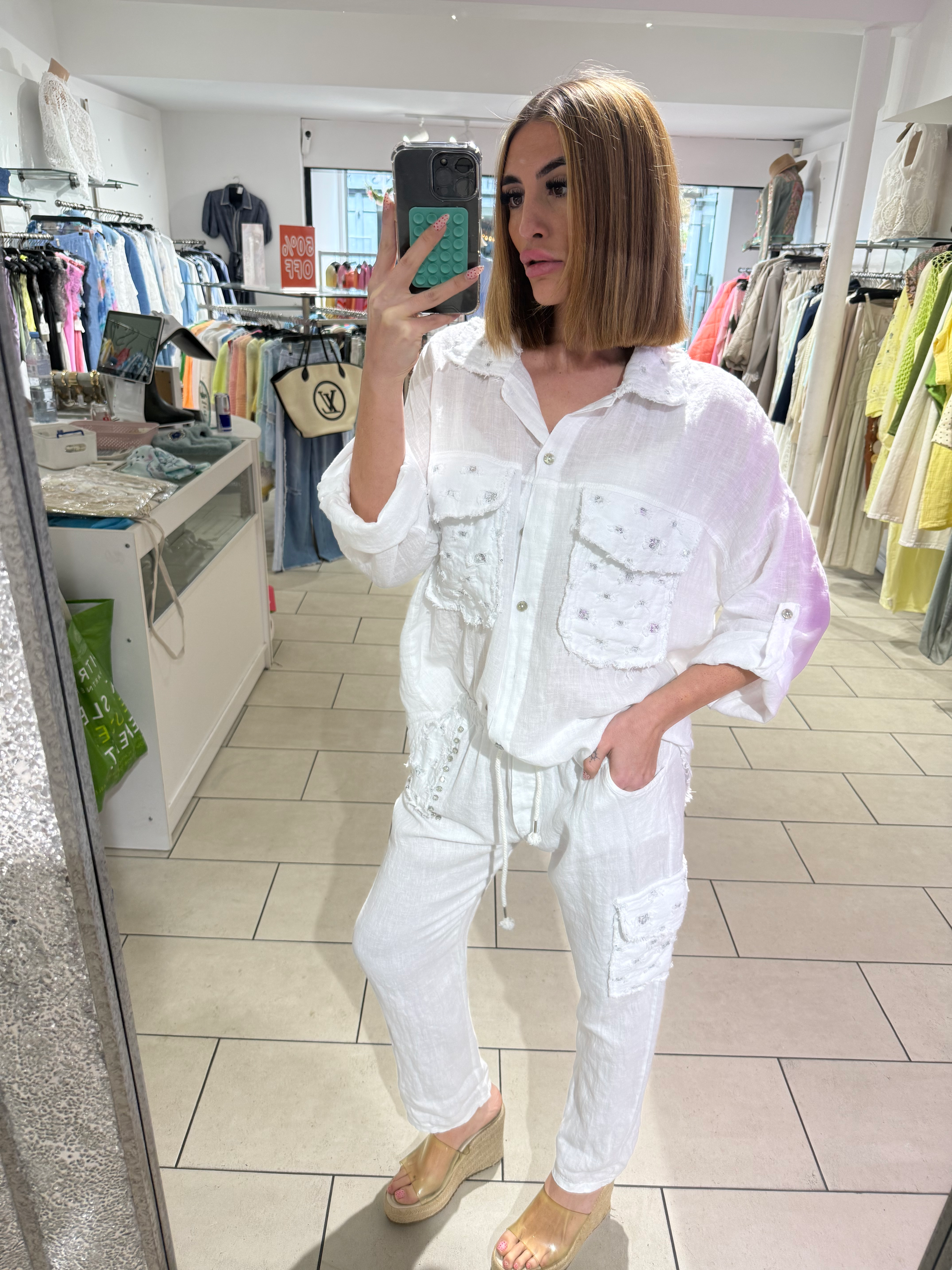 Eva Diamanté Linen Trouser - White