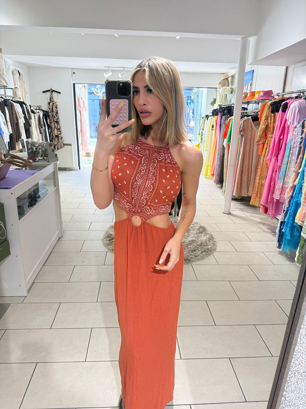 Thumbnail: Bandana Print Cut Out Halterneck Maxi Dress - Rust