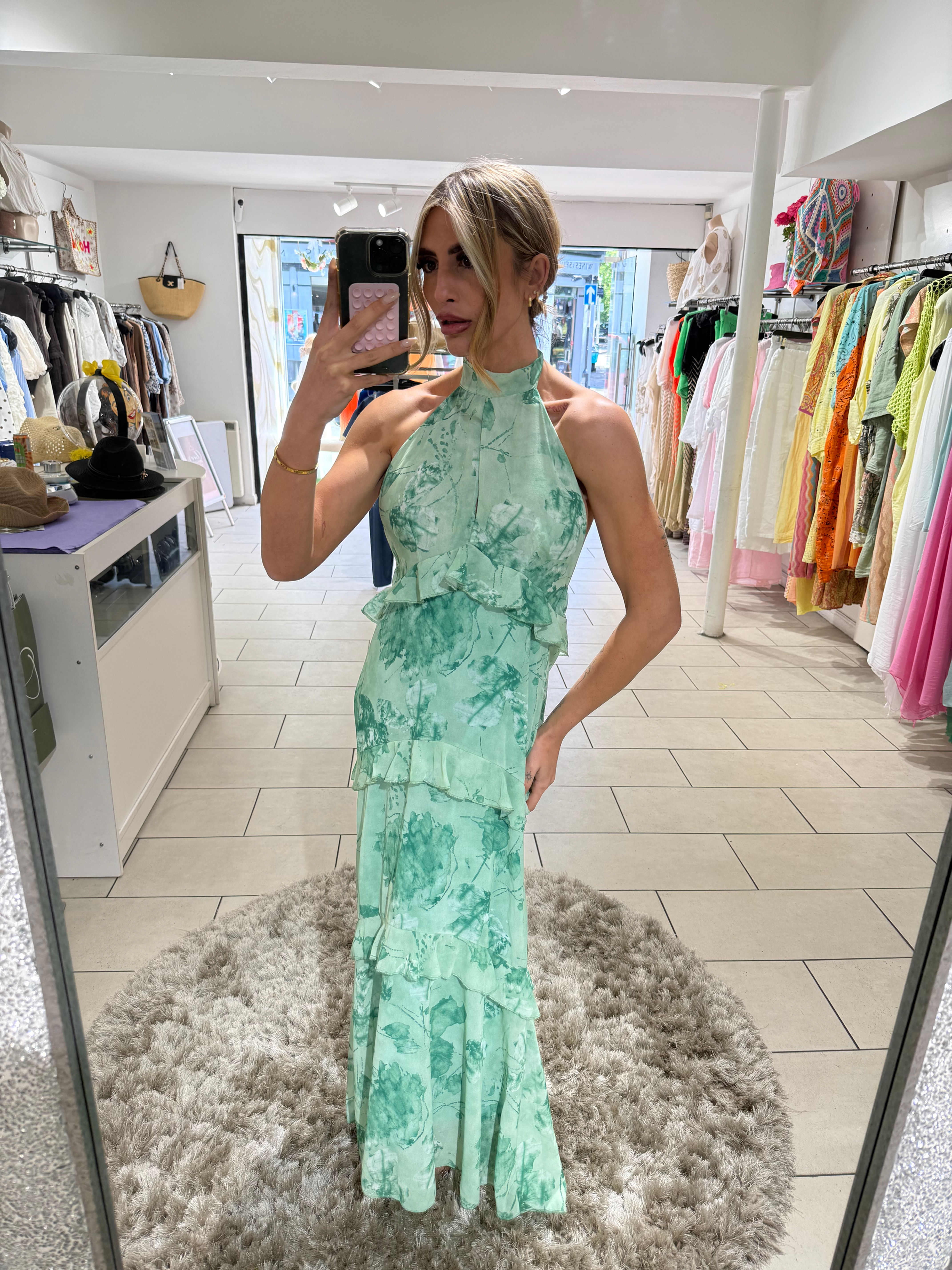 Rosalie Frill Detail Halter Maxi Dress - Mint