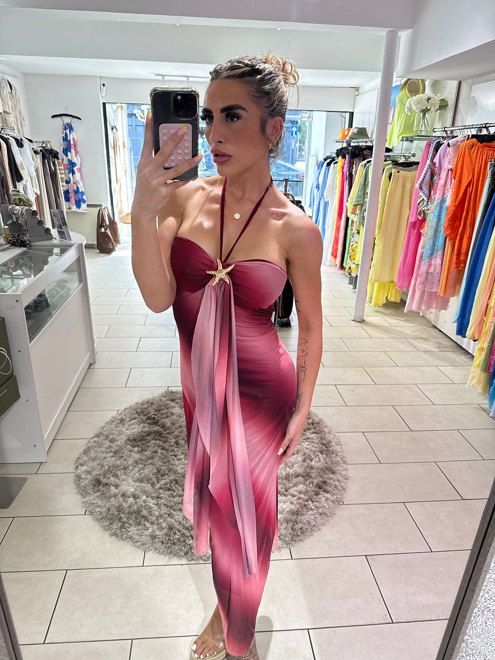 Thumbnail: Ombre Mesh Starfish Detail Halterneck Midi Dress - Red 