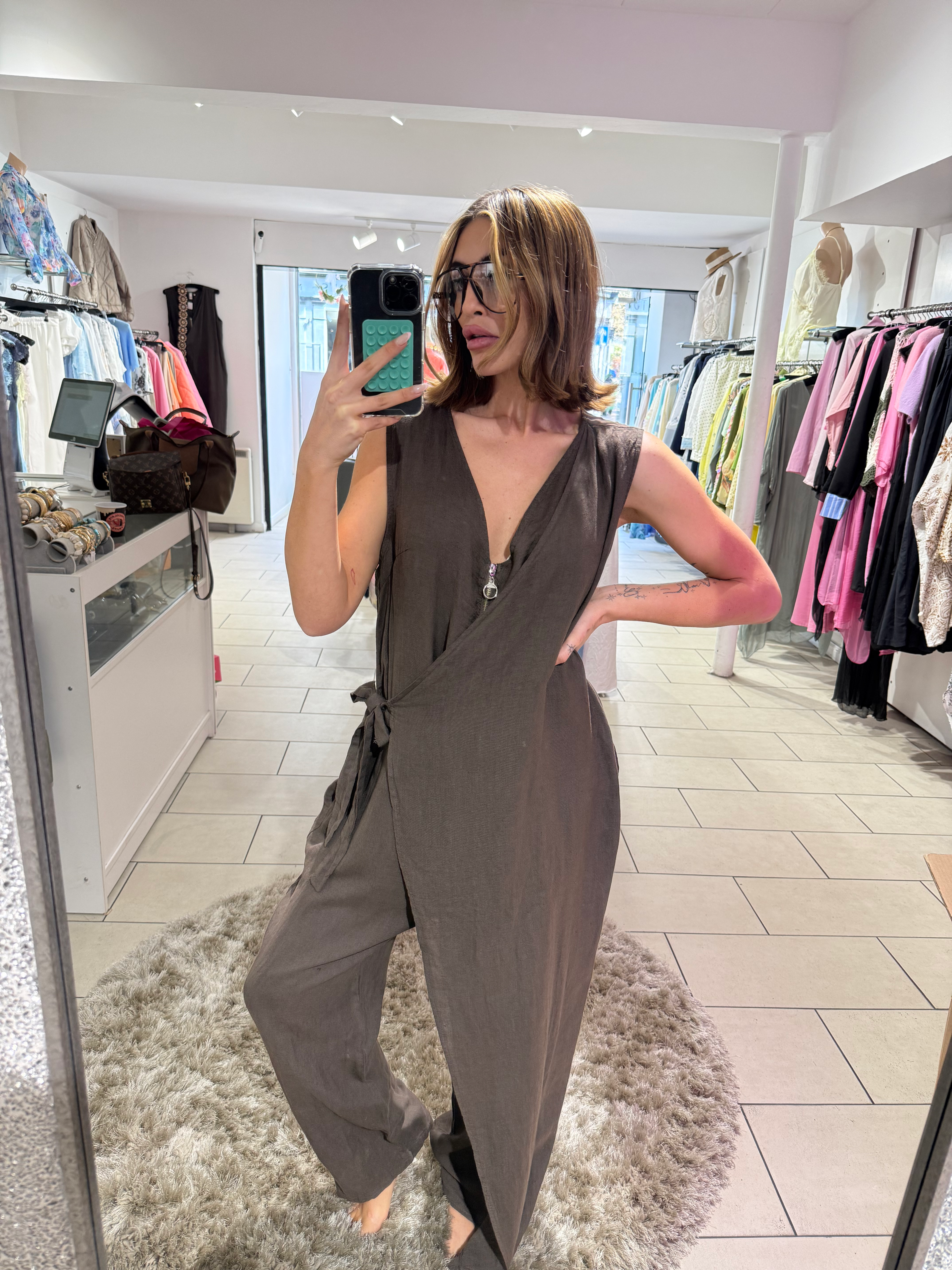 Linen Wrap Over Tie Jumpsuit - Brown