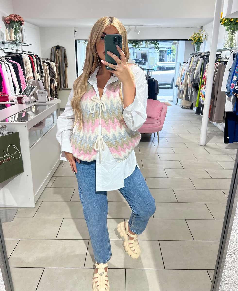 Zig Zag Bow Detail Knit Vest - Taupe & Pink