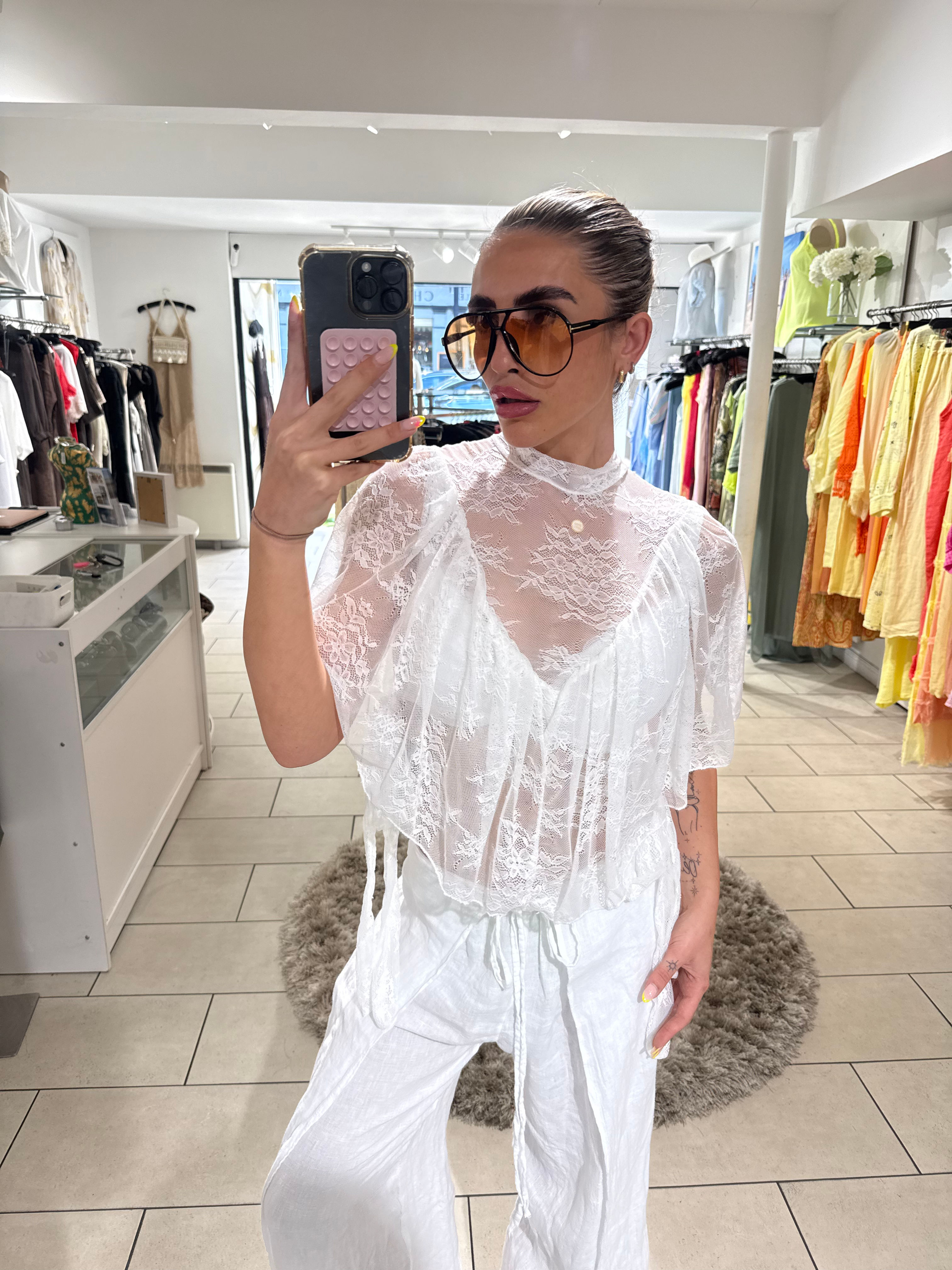 Sheer Lace High Neck Blouse - White