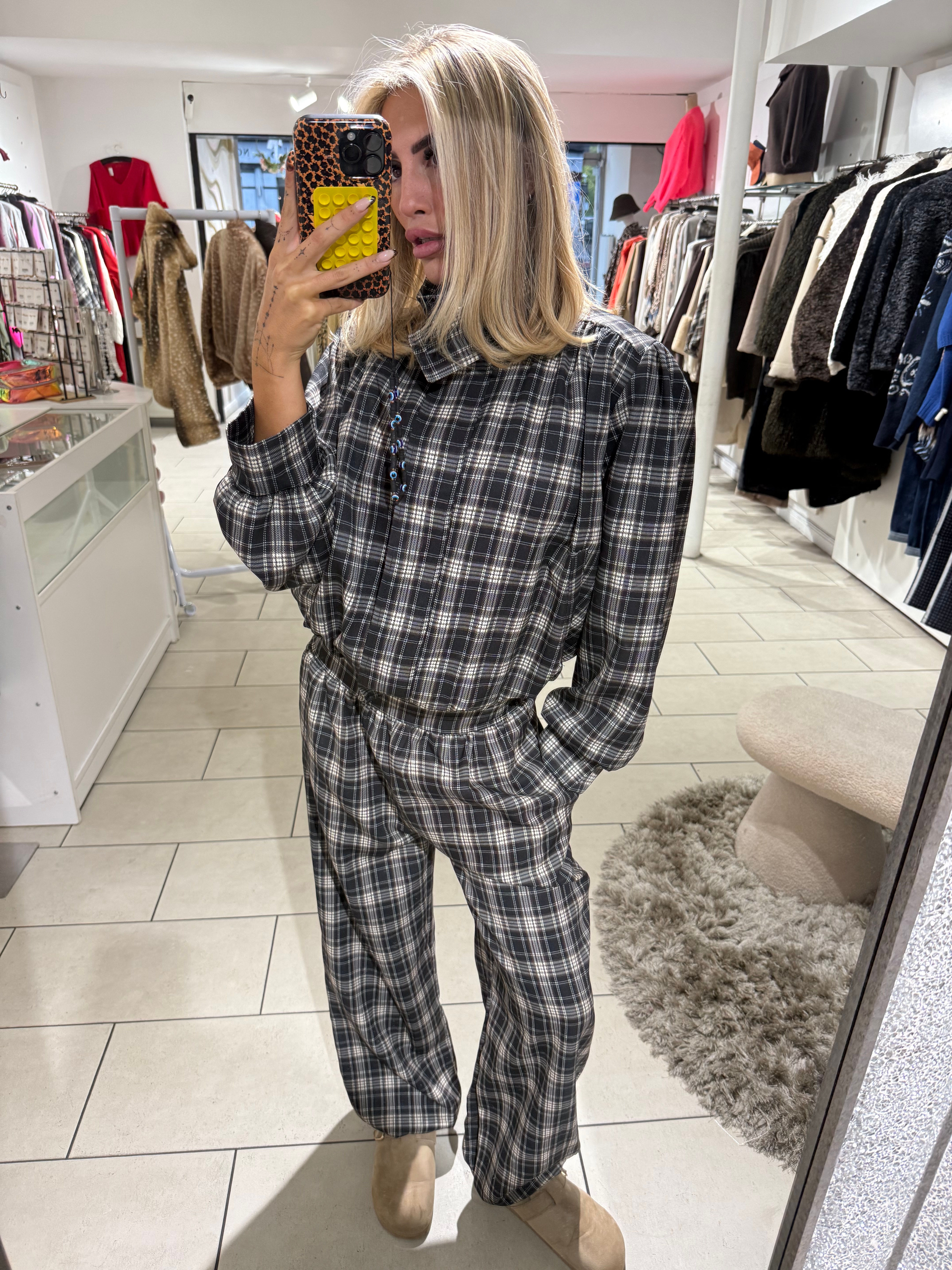 Check Funnel Neck Bomber & Cuff Baggy Trouser Co Ord - Black