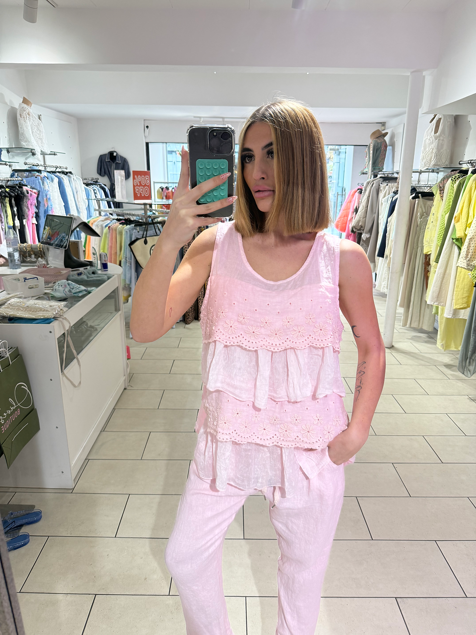 Thumbnail: Eva Broderie Anglaise Tierred Linen Vest - Pink