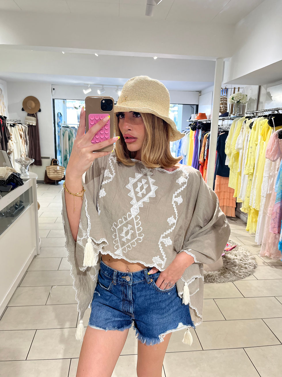 Thumbnail: Linen Embroidered 2 Way Poncho/Cover - Taupe