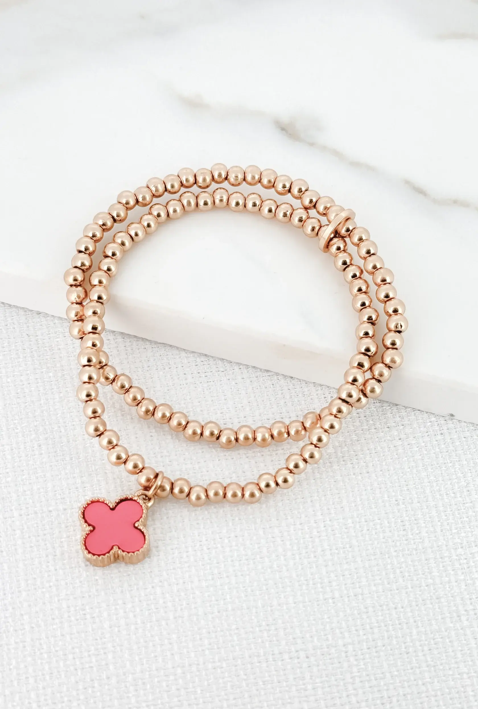 Gold Double Layer Pink Fleur Charm Bracelet