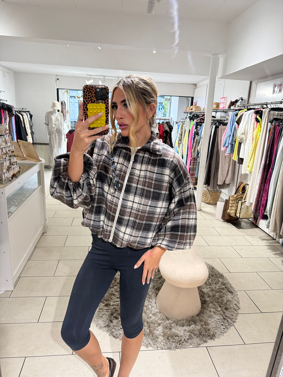 Thumbnail: Check Puff Sleeve Cropped Jacket - Brown