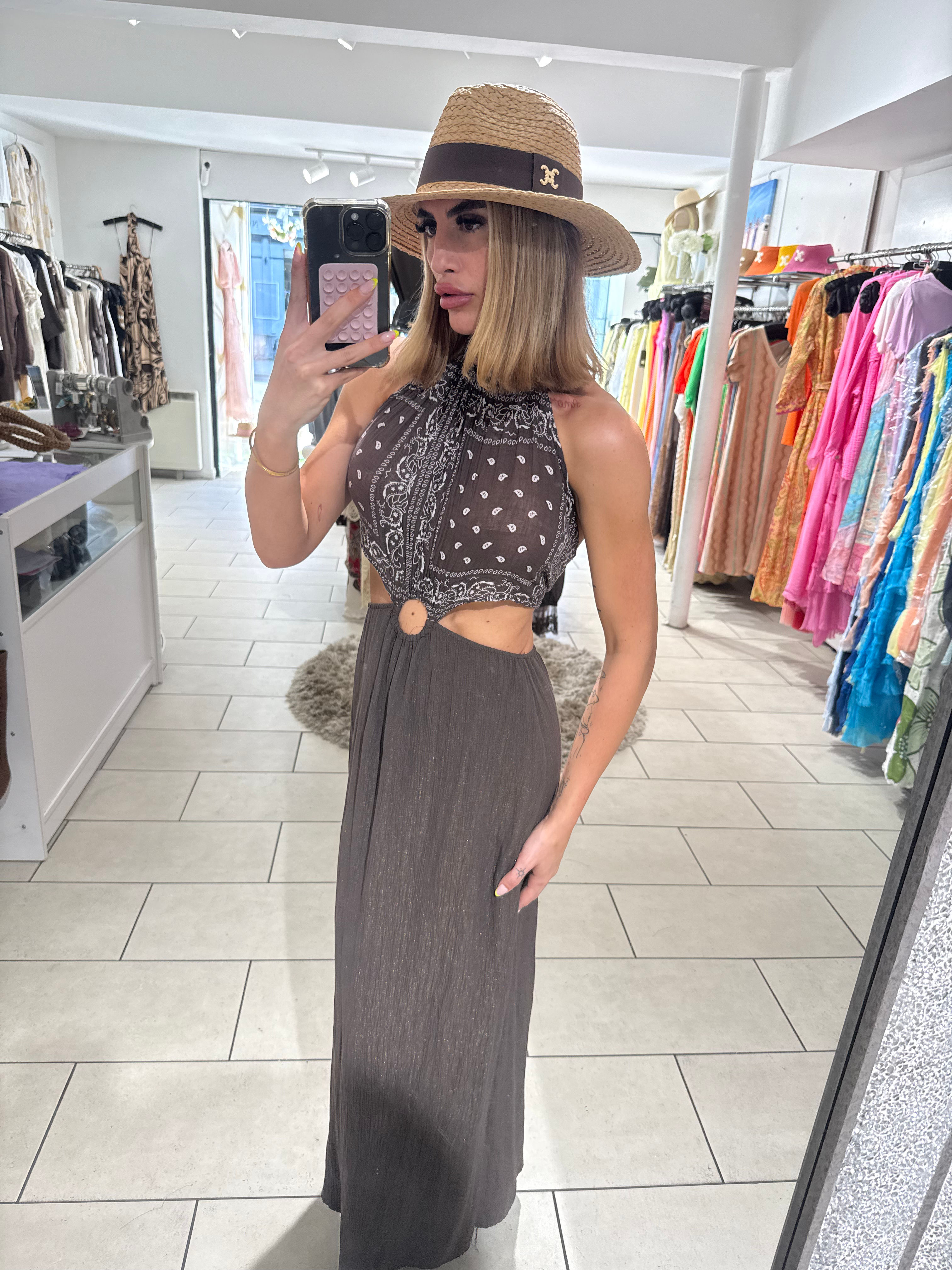 Bandana Print Cut Out Halterneck Maxi Dress - Chocolate
