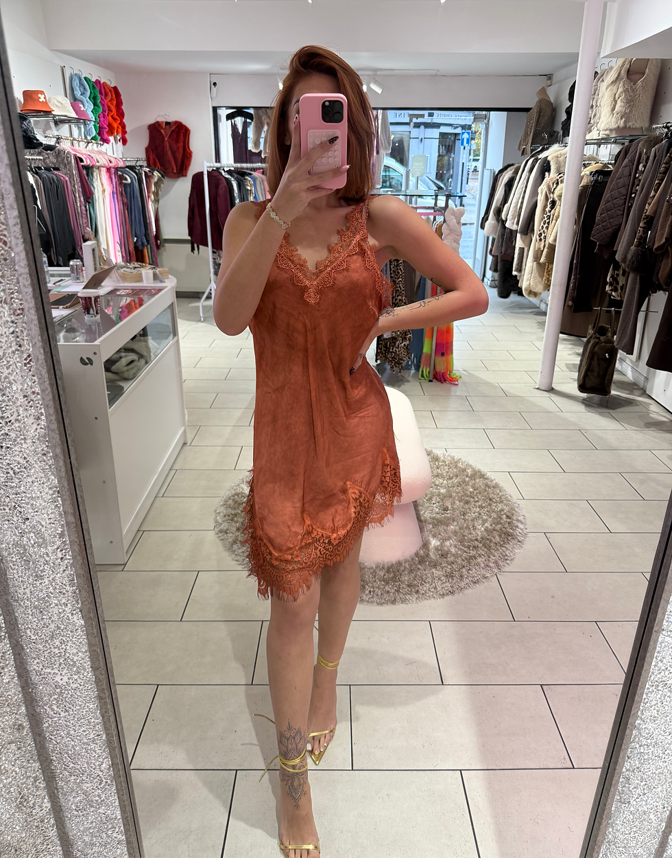 Lace Trim Satin Dress - Burnt Orange