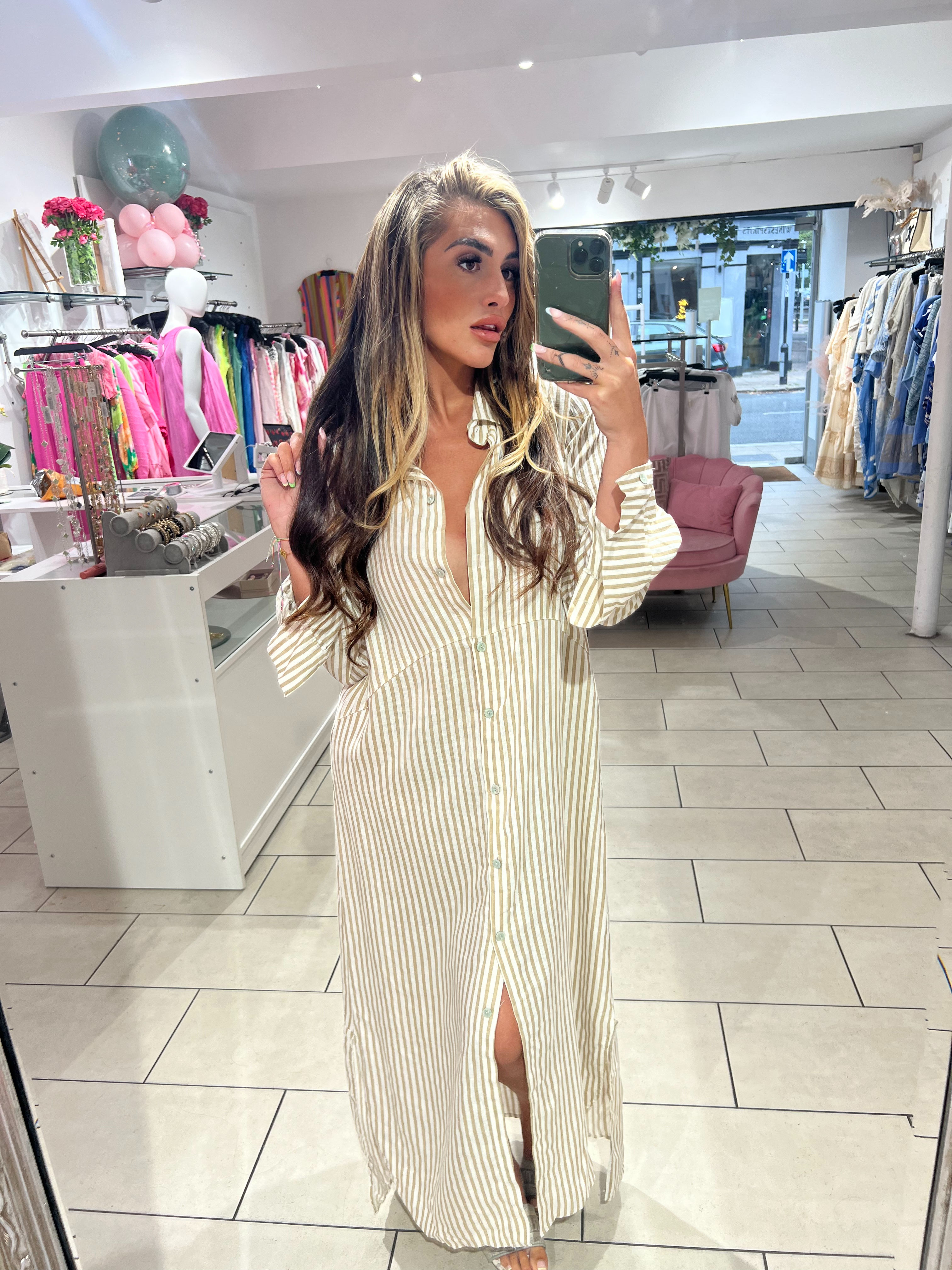 Stripe Linen Maxi Shirt Dress - Stone