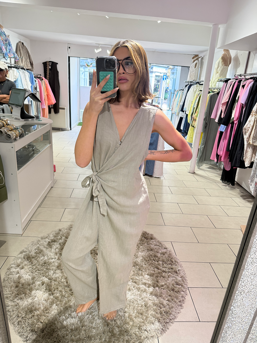 Thumbnail: Linen Wrap Over Tie Jumpsuit - Taupe