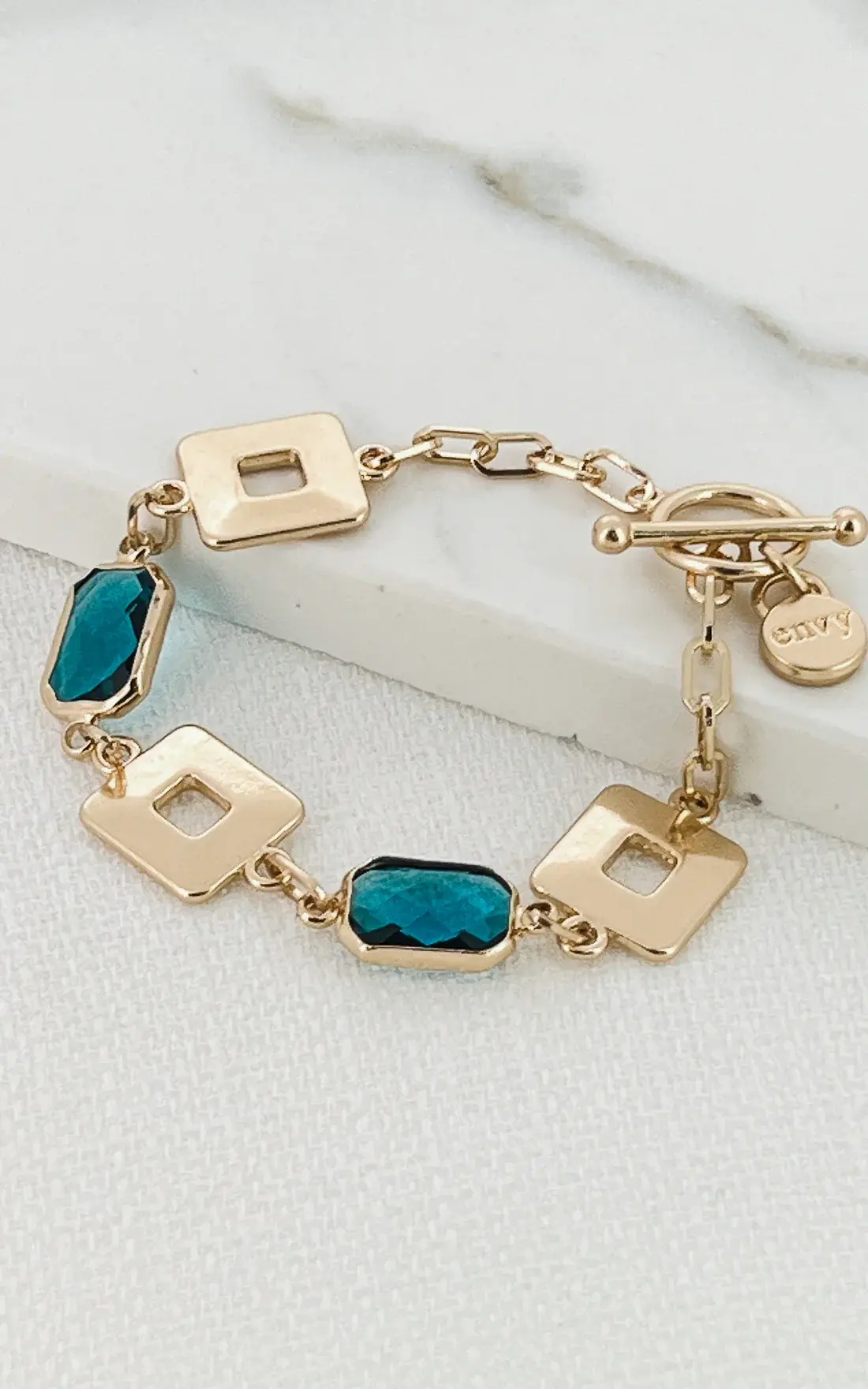 Gold and Blue Sqaure Crystal T-Bar Bracelet