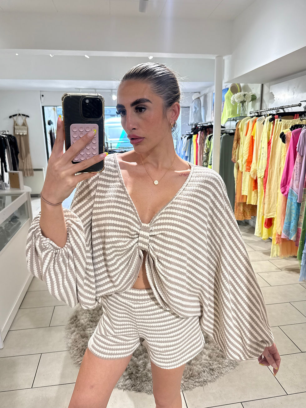 Thumbnail: Bow Style Balloon Sleeve Top & Stripe Short Set - Taupe 