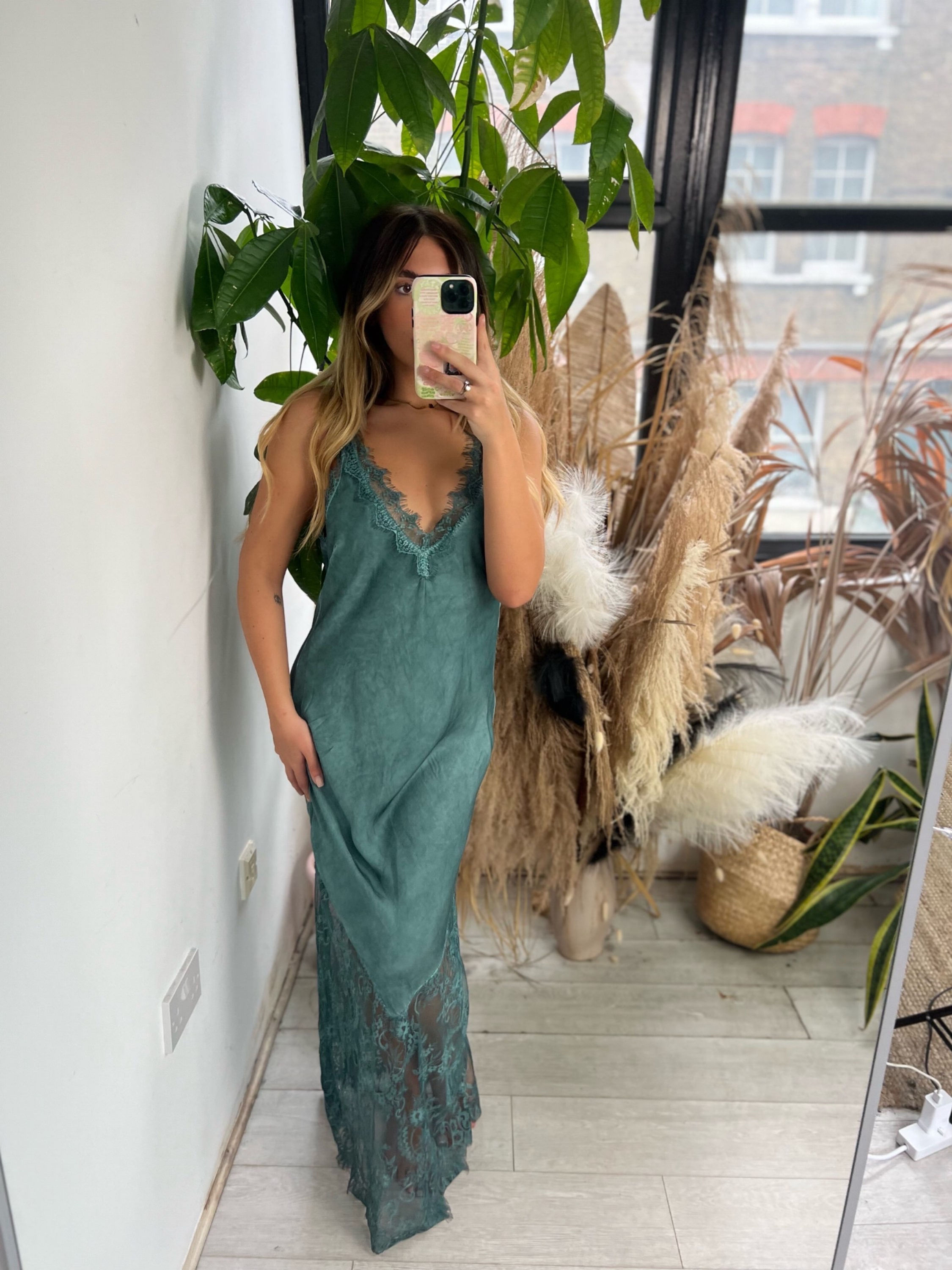 Lace Bottom Maxi Dress - Teal 