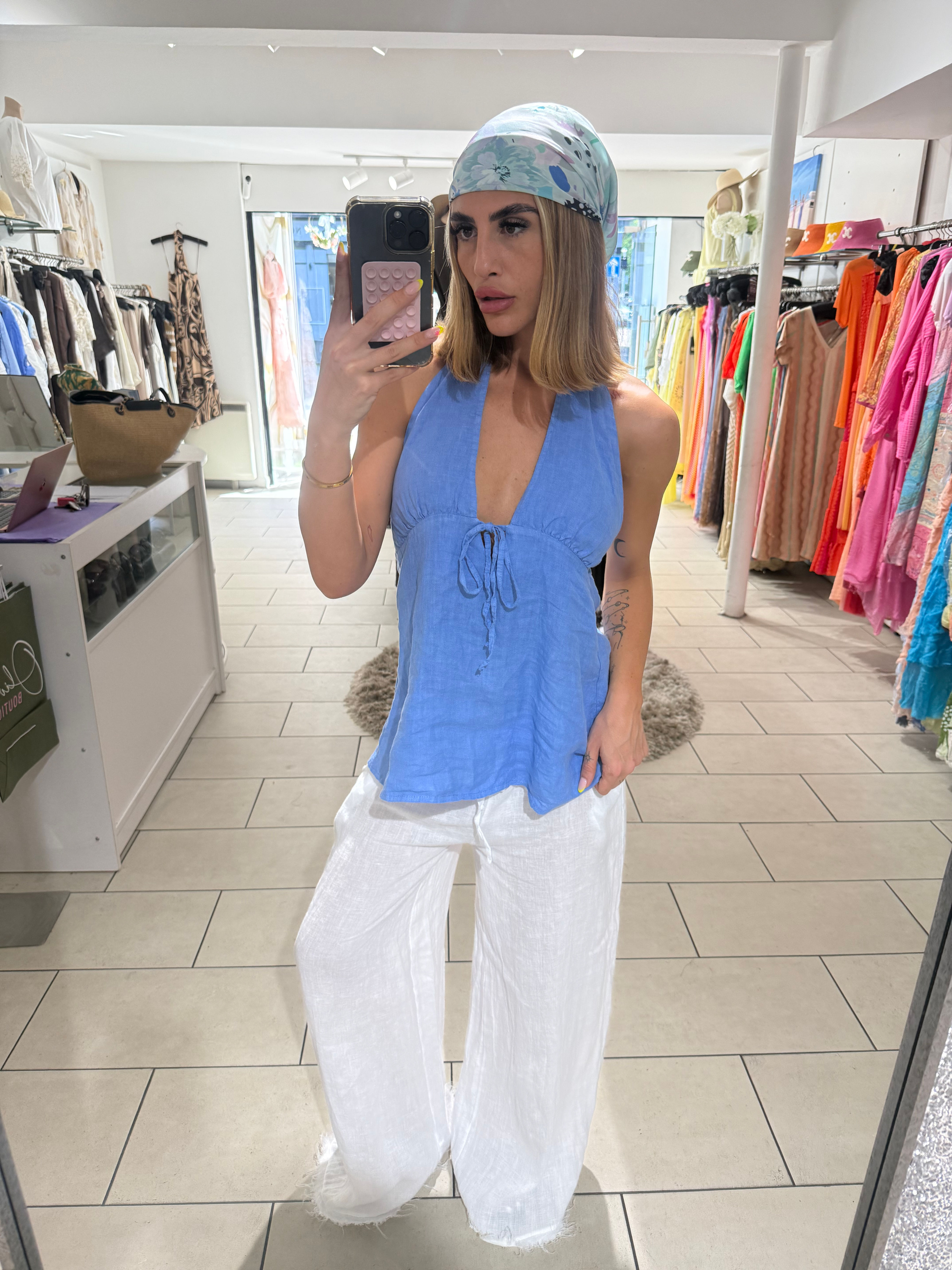 Linen Halter Neck Tie Detail Top - Cornflower Blue
