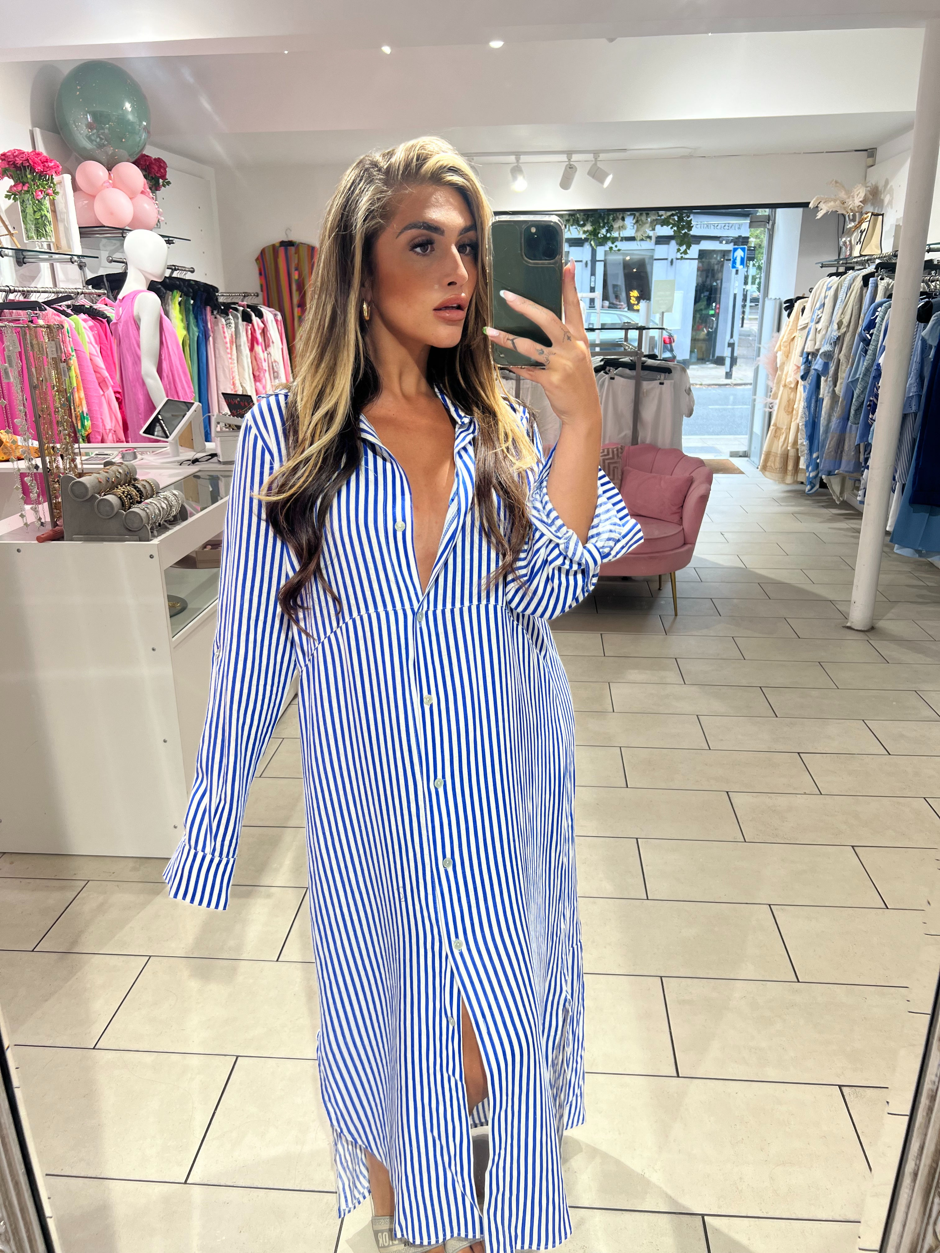 Stripe Linen Maxi Shirt Dress - Electric Blue