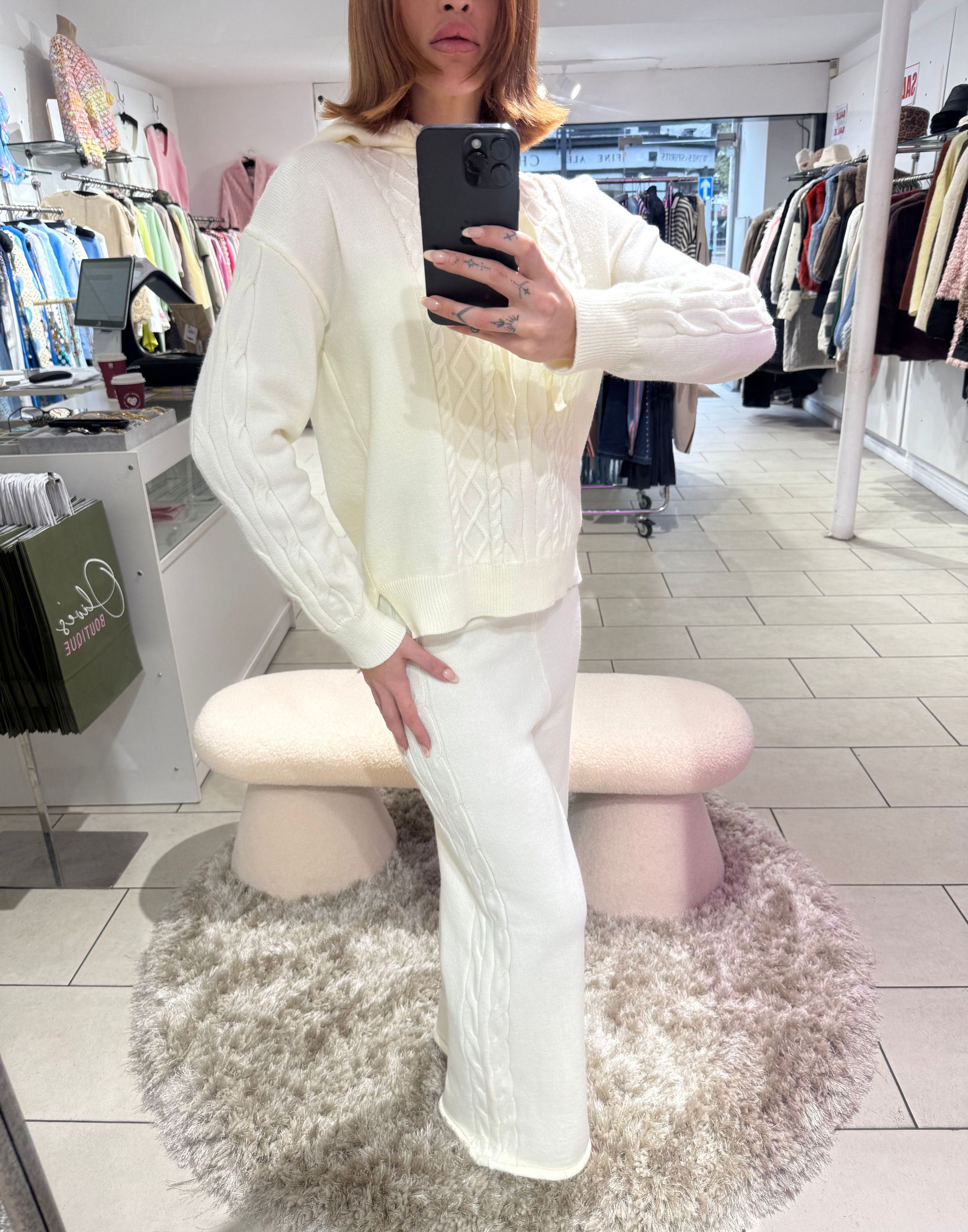 Hooded Cable Knit Loungewear - Cream