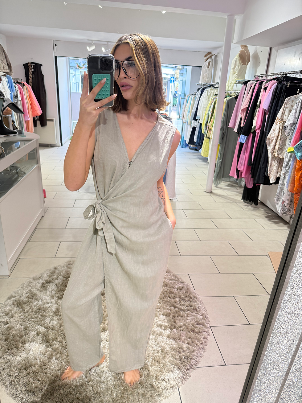 Thumbnail: Linen Wrap Over Tie Jumpsuit - Taupe