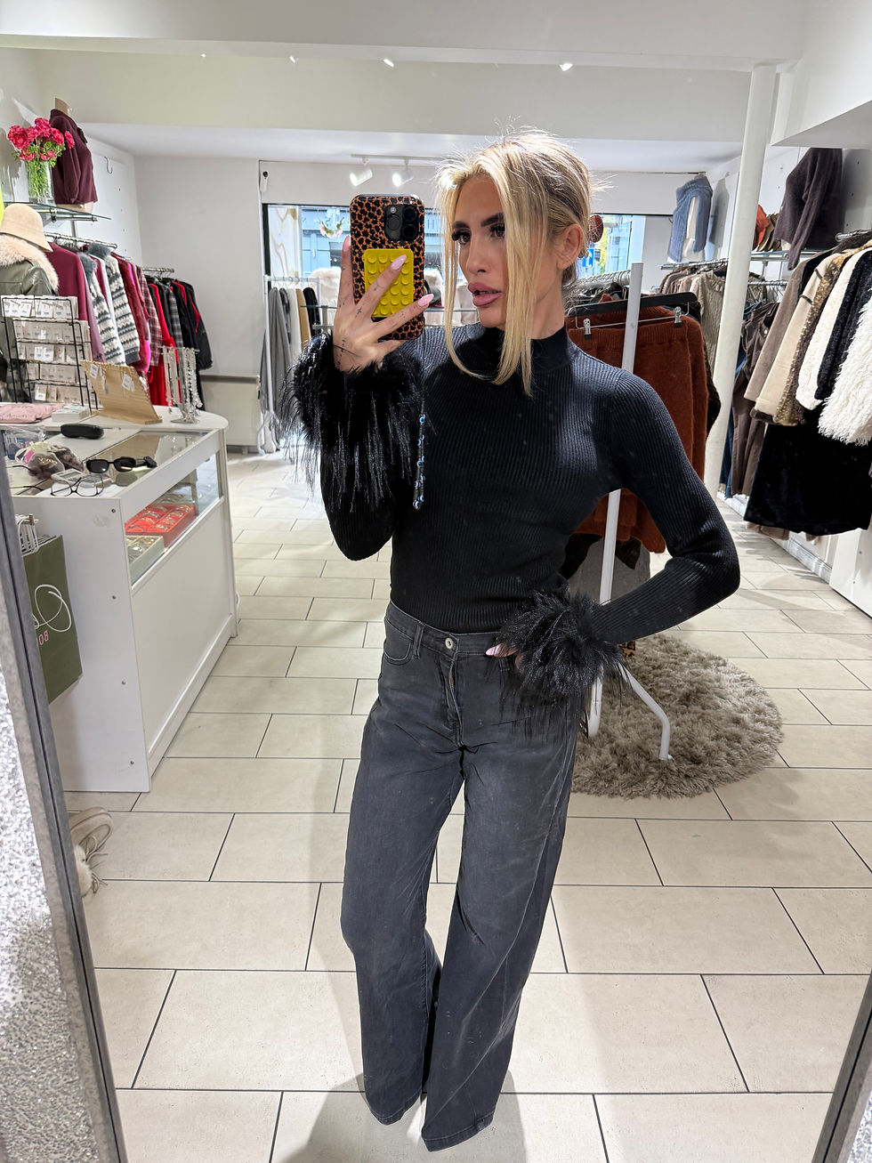 Thumbnail: Vivienne High Neck Feather Cuff Ribbed Knit Long Sleeve Top 