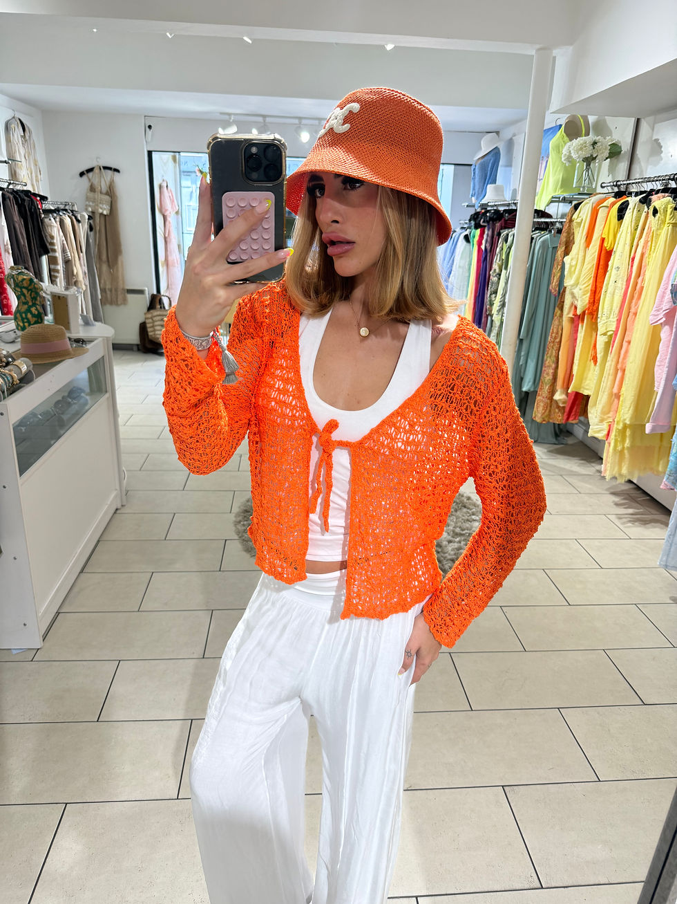 Thumbnail: Popcorn Knit Tie Front Cardigan - Orange 