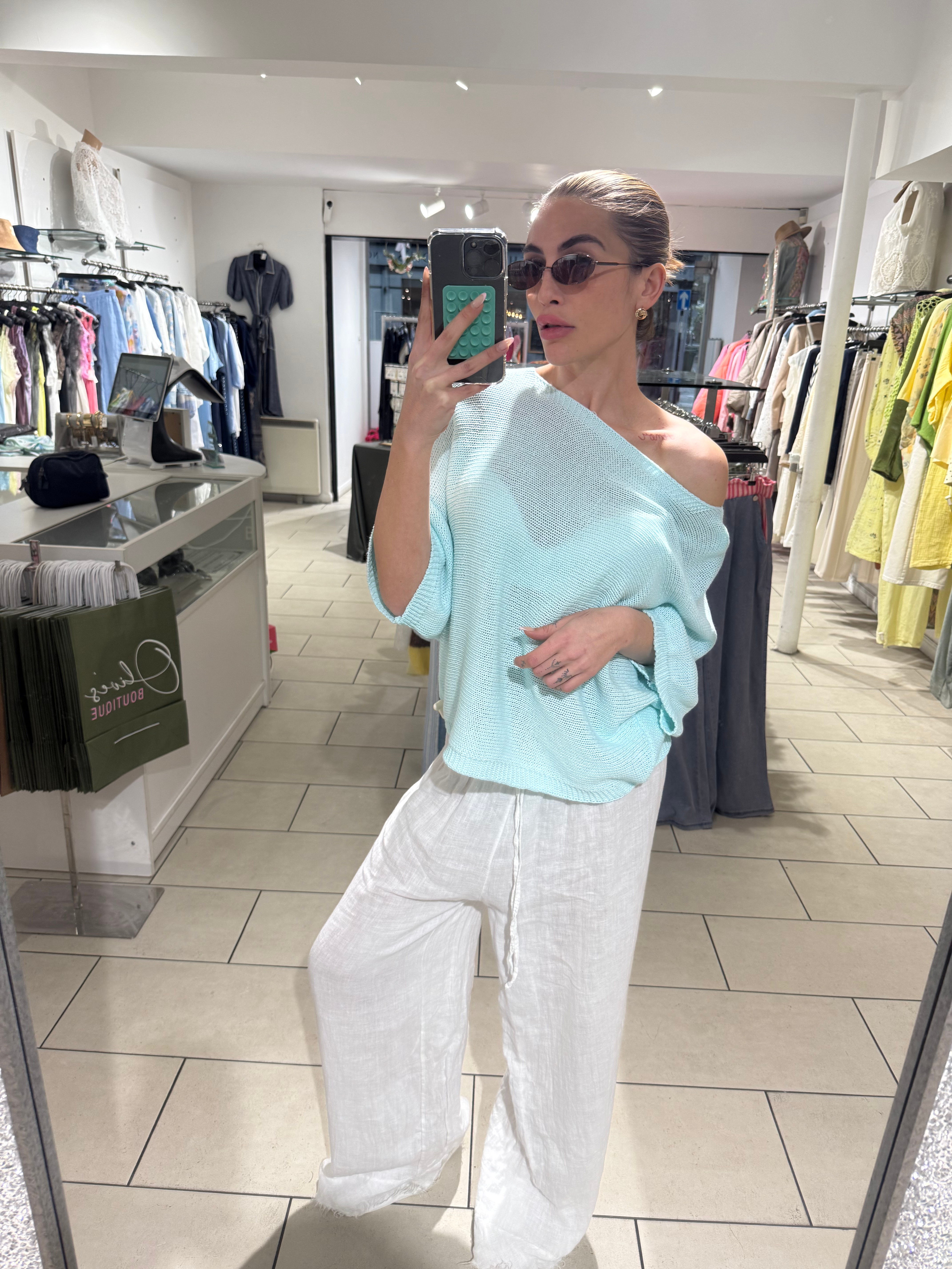 Seabreeze Button-Back Fine Knit Top – Aqua