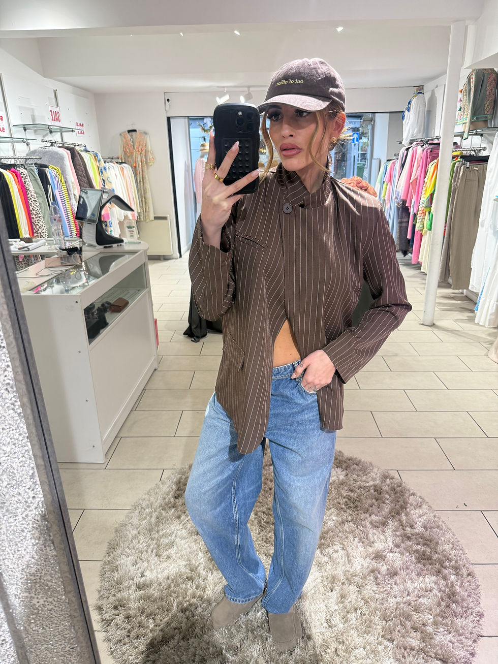 Thumbnail: Pinstripe Wrap Over Highneck Blazer -  Chocolate Brown 