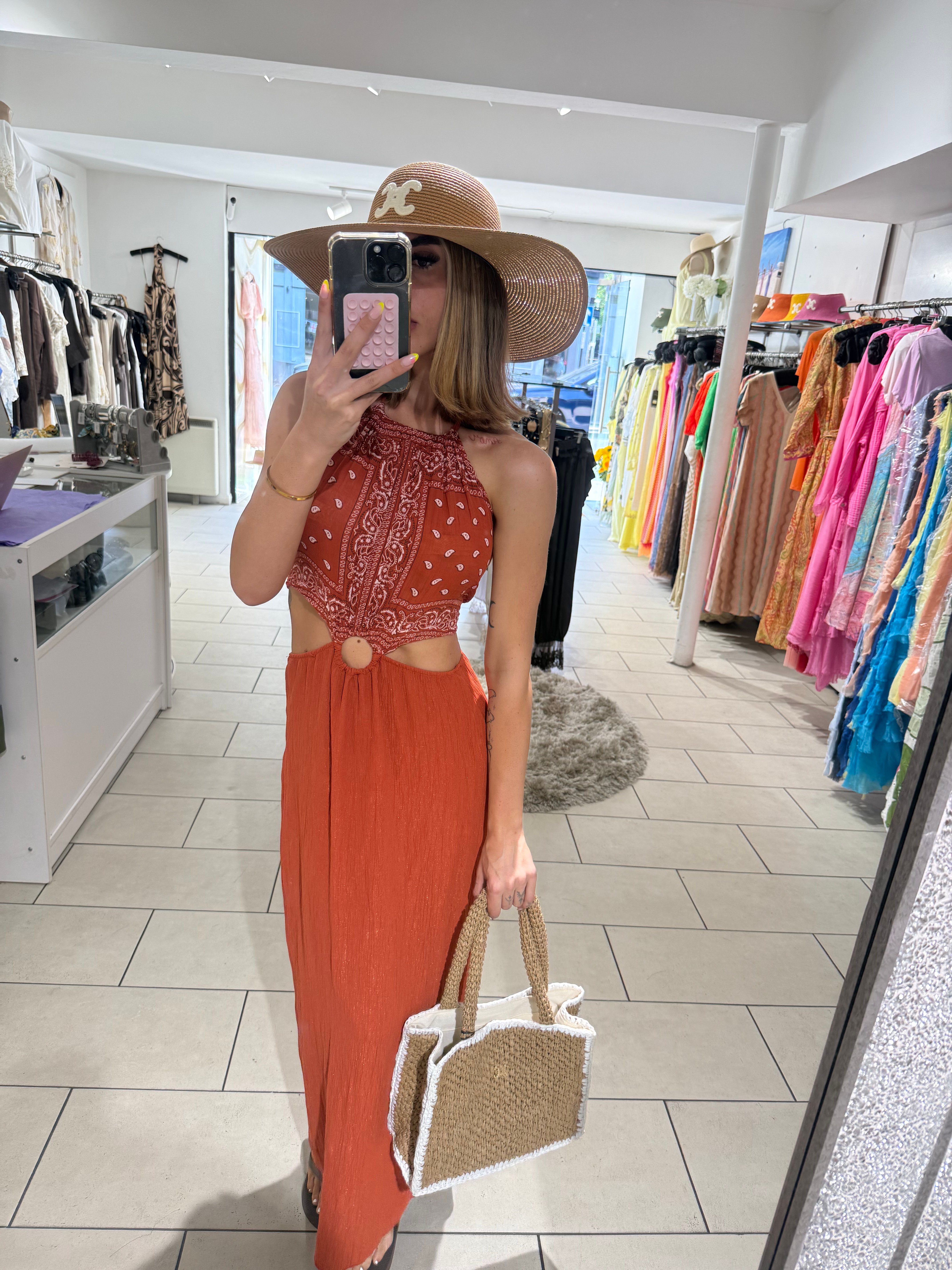 Bandana Print Cut Out Halterneck Maxi Dress - Rust
