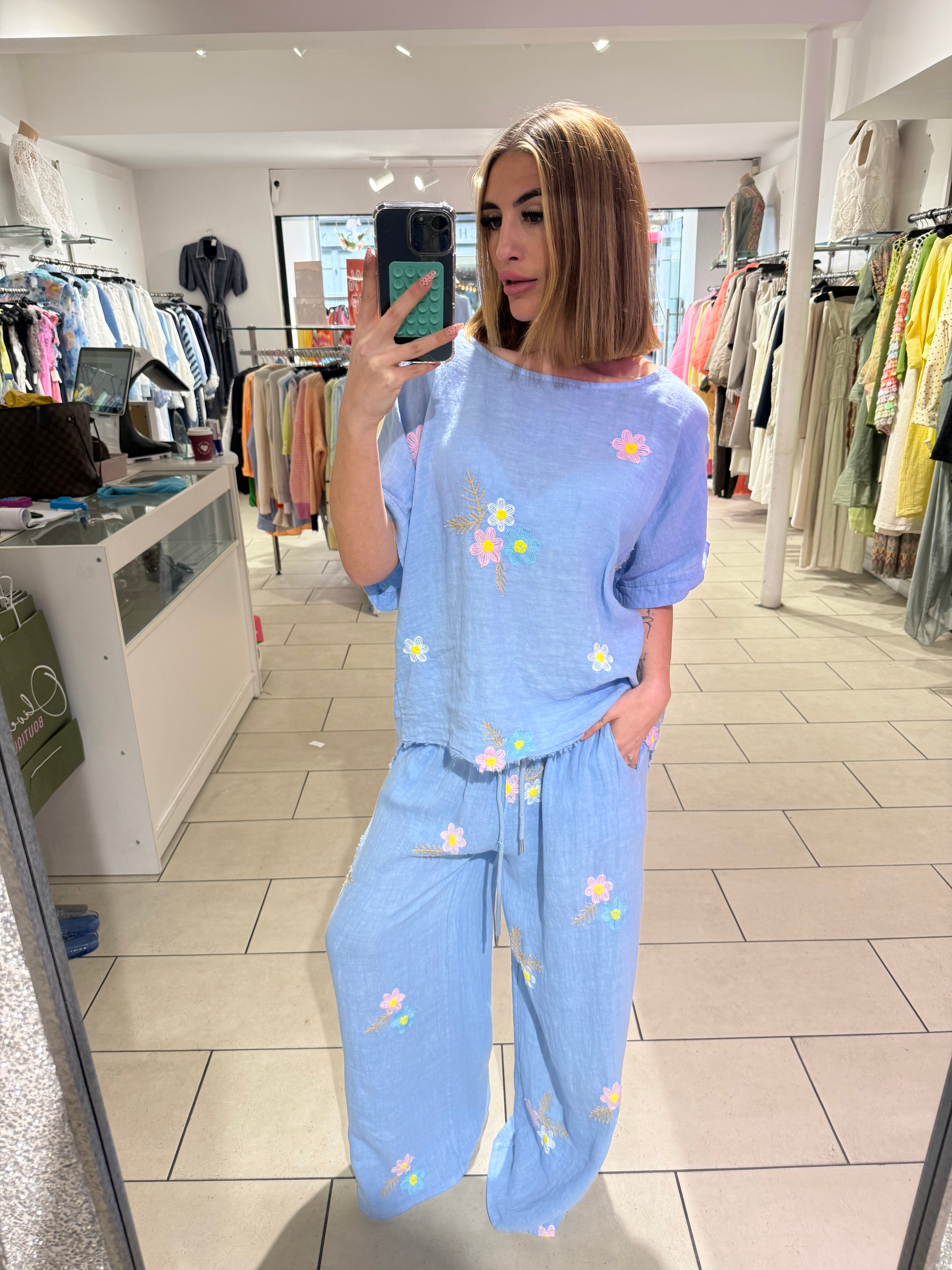 Flower Print Linen Wide Leg Trouser - Blue