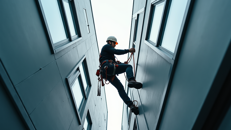 Eye-level view of a technician abseiling down a commercial building façade