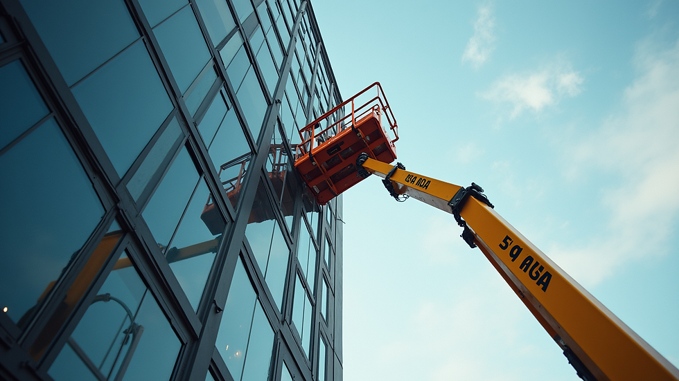Eye-level view of a cherry picker extended to a commercial building facade