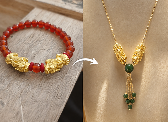 A red bead bracelet with two gold dragon beads, remade as a gold necklace with green stones and a tassel