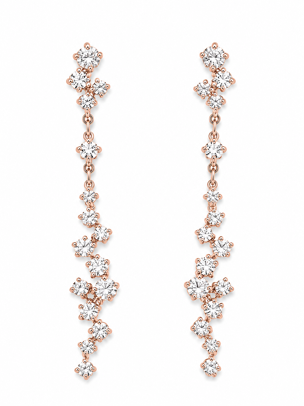 Stardust Long Earrings in rose gold — full-length cascades of scattered diamonds