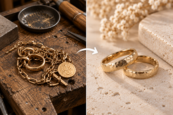 Des bijoux anciens, jamais portés et cassés, refaits en deux alliances en or jaune, Carolina Chabert Genève