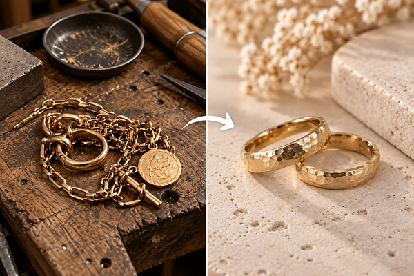 Old, unworn and broken jewellery remade as two yellow gold wedding bands, Carolina Chabert Geneva