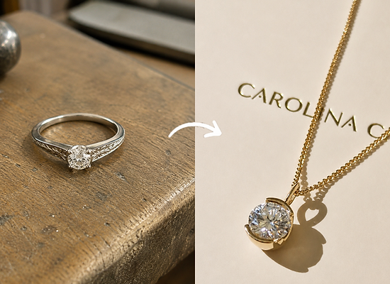 An old solitaire ring, its diamond reset as a yellow gold pendant