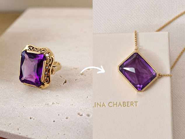 Amethyst cocktail ring transformed into a pendant necklace in gold, Carolina Chabert