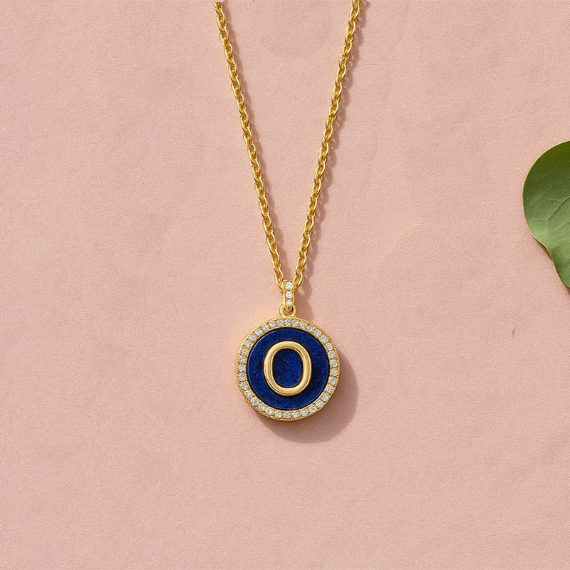 Miniature : Letter Necklace - Lapis Lazuli with letter - o against a pink background