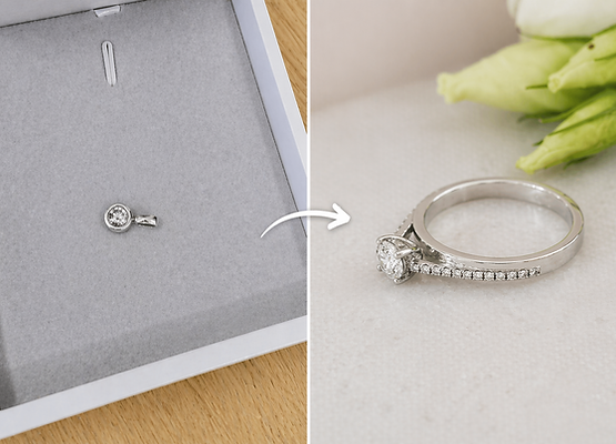 A small diamond pendant, reset as an engagement ring with a pavé band