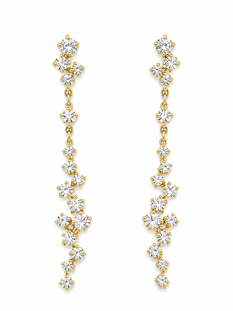 Stardust Long Earrings in yellow gold — full-length cascades of scattered diamonds