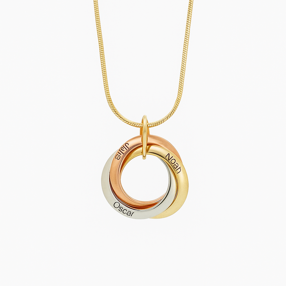 close-up of Trinity Necklace - Mix Gold with words embedded on it