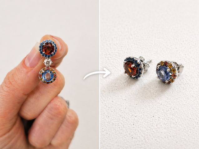 Sapphire stud earrings transformed into a modern setting, Carolina Chabert