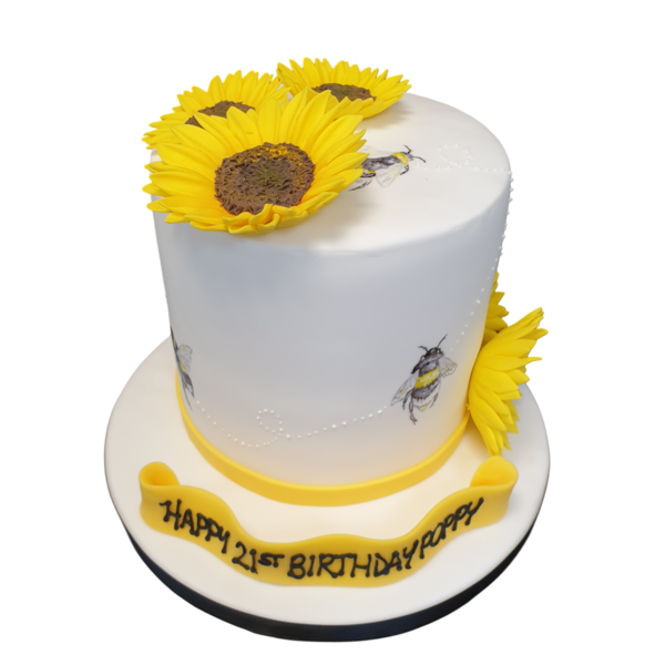 Beautiful sunflower and bee-themed cake, perfect for summer celebrations. Vibrant design with intricate details. Ideal for nature lovers and special occasions.