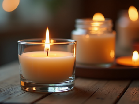 A lit soy wax candle on a rustic wooden table with out of focus candles in the background