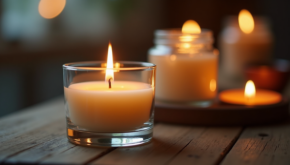 A lit soy wax candle on a rustic wooden table with out of focus candles in the background