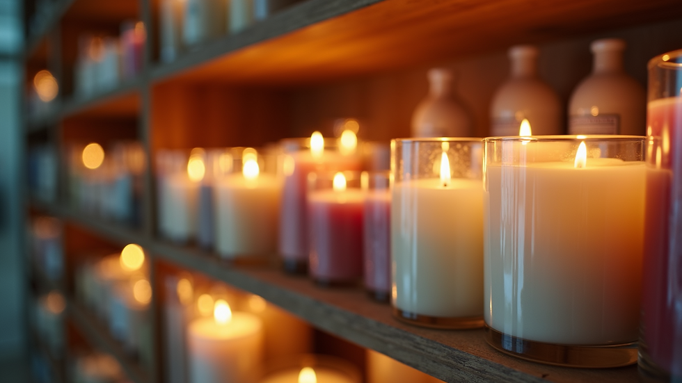 High angle view of a variety of scented candles on a shelf